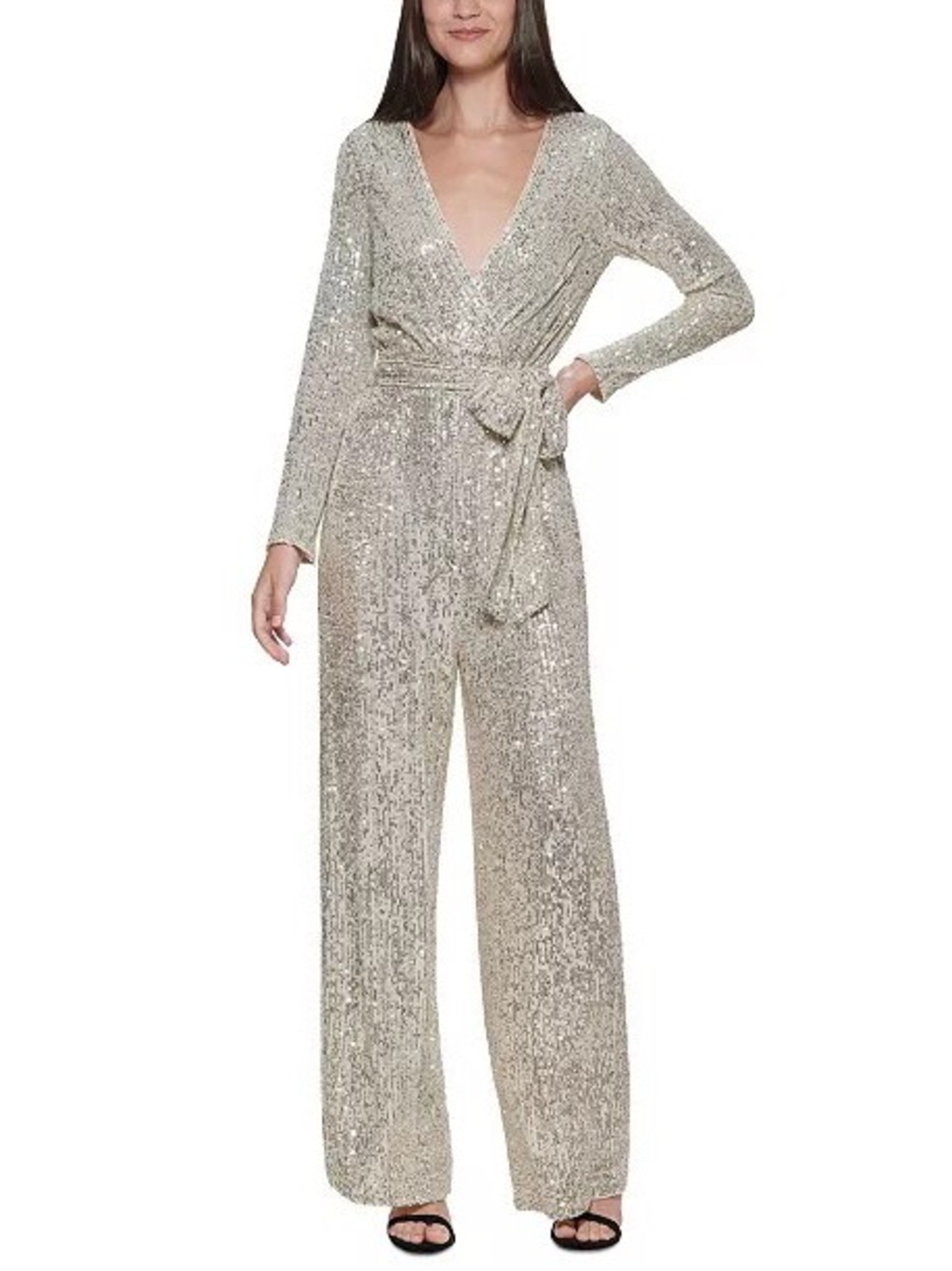 NWT Eliza J Sequins Wrap Jumpsuit Silver Champagne Size 12 petite